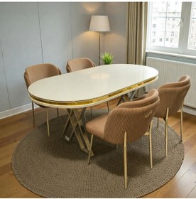 Resim Msy Home 4 Kişilik Aura Gold Serisi Beyaz Lake Oval Yemek Masası Ve Puffy Cappuccino Sandalye Takımı Modern Cappuccino 