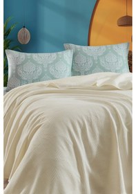 Resim Lastikli Çarşaflı Pike Takımı Çift Kişilik %100 Pamuk 4 Parça Post Desenli Krem Weave Serisi Krem 