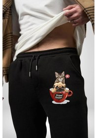 Resim Angemiel Kedi Ve Köpek Sonsuzadek Arkadaşız Pamuklu 3 İplik Siyah Eşofman Altı Erkek Oversize Kesim Dijital Baskılı Siyah 