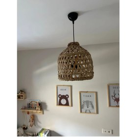 Resim Mediterian Siyah Hasır Bambu Avize, Çocuk Odası Dekorasyonu, Hafif ve Şık Tasarım, 27 cm 