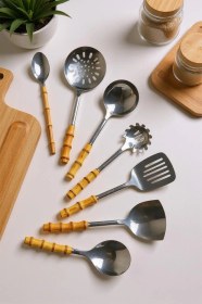 Resim Bambum Mundo 7 Parça Bambu Saplı Çelik Mutfak Gereç Seti Çeyiz Seti Kaşık Kevgir Kepçe 