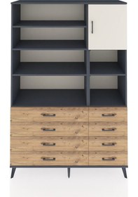 Resim Hyperion Dolap 8 Raflı 8 Çekmeceli Tek Kapaklı 132x44x195 Antrasit-aytaşı/çam Aytası/atlas Çam 