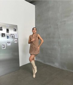 Resim Astarlı Uzun Yelek V Yaka Doğal Düğmeli Genç Stil Kahverengi 