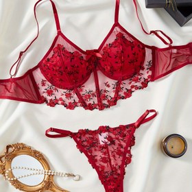 Resim Şık Çiçek Nakışlı Kırmızı İç Giyim Seti, Dikey Göğüs Askılı ve File Tanga, Sırtı Açık Sütyen ve Külot, Orta Destek, Dolgusuz, Yetişkin Kadınlar İçin Lingerie, İntim Kıyafet | Çiçek Nakışı | File Kumaş 