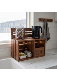 Resim Doğal Masif Ahşap Kahve Köşesi Standı Tezgah Üstü Mutfak Düzenleyici Kupa Bardaklık Rafı 50x40 Cm Diğer 