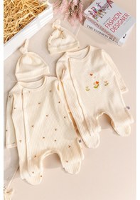 Resim Babymod Çiçek Desenli Şapkalı 2'li Pamuklu Kız Bebek Tulum Set Ekru 