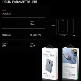 Resim YESIDO YP46 10.000 mAh 22.5W Dijital Göstergeli USB3.0 PD Hızlı Şarj Powerbank - Gri 