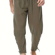 Resim Erkekler için Orta Yükseliş Retro Korsan İlhamlı Joggers, Bağcıklı Bel & Bağcıklı Ayak Bilekleri - Zeytin Yeşili Bol Kesim Rahat Pantolonlar Tüm Mevsim Konforu İçin, Rahat Giyim | Vintage Tarzı Pantolonlar | Rayon Karışımı Pantolonlar 