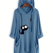 Resim Kadınların Sevimli Kedi Desenli Kapüşonlu Kazak - Rahat Uzun Kollu Pullover, Kanguru Cebi, Yumuşak Polyester Karışımı, Açık Mavi, Bahar/Yaz Dış Mekan Modası İçin Mükemmel, Kedi Gömlek 