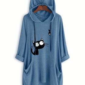 Resim Kadınların Sevimli Kedi Desenli Kapüşonlu Kazak - Rahat Uzun Kollu Pullover, Kanguru Cebi, Yumuşak Polyester Karışımı, Açık Mavi, Bahar/Yaz Dış Mekan Modası İçin Mükemmel, Kedi Gömlek 