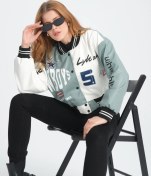 Resim Kadın Deri Overisize Çift Renkli Baskılı Kolej Ceket Çıt Çıtlı Motorcu Montu Yarışçı Bomber Ceket Mint Yeşili 