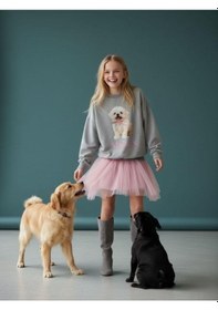Resim Kız Çocuk Pamuklu Köpek Baskılı Oversize Tasarım Sweatshirt-16472 Vizon 