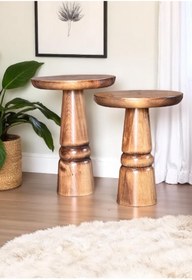 Resim AYLESA Doğal Ahşap 2’li Set Mantar Yan Sehpa Modern Fiskos Zigon Çiçeklik 