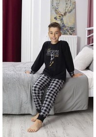 Resim Yeni Sezon Sonbahar/kış Erkek Çocuk Skate Desenli Polar Pijama Takımı 4515-siyah Siyah 
