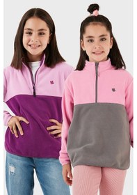 Resim Lela Yumuşak Dokulu Yarım Fermuarlı Renk Bloklu Dik Yaka 2'Li Paket Çocuk Polar 5905004S2 Şeker Pembe Gri-Şeker Pembe Mor 