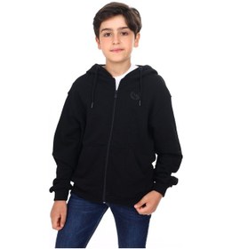 Resim Toontoy Kids Toontoy Erkek Çocuk Kapüşonlu Fermuarlı Cepli Düşük Omuz Baskılı Örme Hırka - 3 İplik Şardonsuz Siyah 