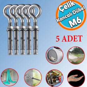 Resim Nzb Kancalı Çelik Dübel M6 (5 Adet) Salıncak Boks Torbası Lamba Avize Için Gömlekli Kapalı Ağız Kanca 