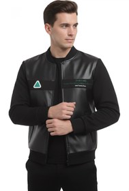 Resim DeepSEA Siyah Dar Kesim Erkek Suni Deri Ceket / Mont - Kolej Yaka Penye Kollu Ceket Mont 2600738 