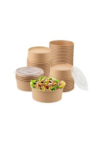 Resim Omeyva Yuvarlak Şeffaf Kapaklı Kağıt Karton Kraft Salata Yemek Kabı Kase- 32 Oz -1000 Ml. - 50 Adet 