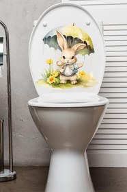 Resim Yağmurdaki Şemsiyeli Sevimli Tavşan Temalı Klozet Sticker Banyo Sticker 