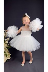 Resim Buse&Eylül Bebe Beyaz Ponpon Kollu Pullu Kız Çocuk Abiye 