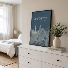 Resim Manchester Line Art Print - Slate Blue Town Hall Industrial Skyline Wall Art - Just Poster / 8,3 x 11,7" (21x30) 