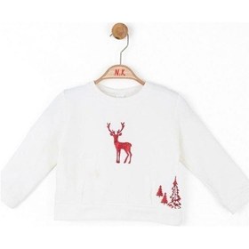 Resim Nk Kids Kız Çocuk Parlak Kırmızı Geyik Desenli Sweatshirt-13488 Ekru 