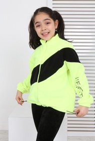 Resim Toontoy Kız Çocuk Dik Yaka Fermuarlı Renk Bloklu Reglan Kol Polar Hırka - Beli Ayarlanabilir Lastikl 