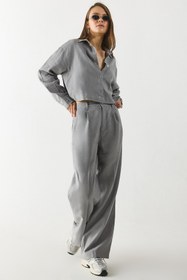 Resim Kadın Chloe Wide Leg %100 Keten Palazzo Pantolon - Gri - GRİ / L / 31 