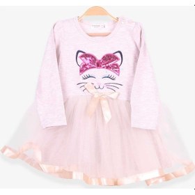 Resim Breeze Kız Çocuk Uzun Kollu Elbise Kedi Nakışlı Pullu Bej Melanj (1.5-5 