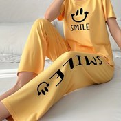 Resim Kadınlar için Rahat Sarı Mutlu Yüz Pijama Takımı - Kısa Kollu, Uzun Pantolon, Yuvarlak Yaka, Tüm Mevsimler İçin Uygun Uyku Giyimi, Rahat Giyim, Rahat Giyim|Oyun Sever Tasarım|Yumuşak Dokulu 