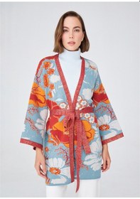 Resim Peraluna Çicek Desenli Bol Kesim Pamuklu Kadın Triko Kimono-Çok Renkli 