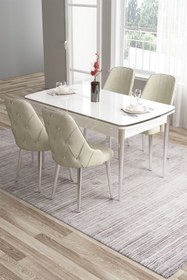 Resim Canisa Tia Serisi 80x132 Açılabilir Mdf Krom Detay Beyaz Yemek Masası Ve 4 Krem Sandalye 