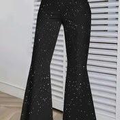 Resim Kadınlar İçin Şık Siyah Simli Geniş Paça Pantolon - Esnek Polyester Kumaş, Beyaz Noktalı Yıldızlı Gece Tasarımı, Yüksek Bel Geniş Paça Pantolon Her Mevsim İçin, Moda ve Rahat Kalıp, Tüm Sezon Giyimi | Yıldızlı Gece Tasarımı | Esnek Kumaş 