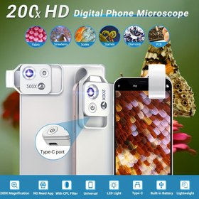 Resim APEXEL 200X HD Dijital Telefon Cep Mikroskobu LED Işık ile, 99% Akıllı Telefonlar için Evrensel Klipsli Kamera Ek Parçası - Yüksek Çözünürlüklü Büyütme, ABS Malzeme, Mikro Dünya Keyfini Çıkarmak İçin İdeal Hediye, APEXE 