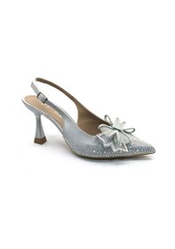 Resim Feles Saten Kurdela Taş Detaylı Arkası Açık Stiletto Kadın Topuklu Ayakkabı GÜMÜŞ 