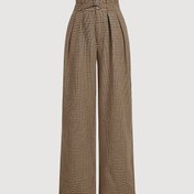 Resim Kadınlar için Şık Ekose Yüksek Bel Geniş Paça Pantolon, Düğme ve Fermuar Kapatma, Polyester, Makinede Yıkanabilir - Şık Kahverengi Ekose Pantolon, Resmi Pantolon | Ekose Desen | Polyester Kumaş 