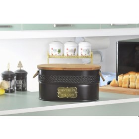 Resim Ahşap Kapaklı Kesme Tahtalı Metal Ekmeklik Ekmek Saklama Kutusu 