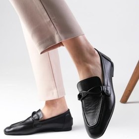 Resim Mio Gusto Fiona Hakiki Deri Siyah Renk Küt Burunlu Kadın Loafer Ayakkabı 