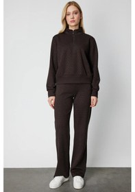 Resim On Kadın Yakası Fermuarlı Taşlı Eşofman Üstü 66364 Kahverengi Kahverengi 