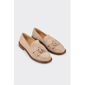 Resim Elle Bej Deri Kadın Günlük Loafer 