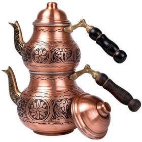 Resim Dmt Gaziantep Bakır Çaydanlık Takımı Ağır İşlemeli Alt:12 Cm Üst:9cm Toplam:1,5lt Ahşap Kulp Bakır 