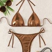 Resim Kadın Yüksek Esneklikli Tek Renkli Bikini Seti, %95 Polyester %5 Elastan Örgü Kumaş, 198g/m² Hafif Yüzme Giysisi 