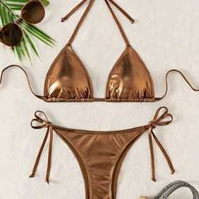 Resim Kadın Yüksek Esneklikli Tek Renkli Bikini Seti, %95 Polyester %5 Elastan Örgü Kumaş, 198g/m² Hafif Yüzme Giysisi 