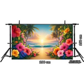 Resim Venspor Tropikal Gün Batımı ve Hibiskus Çiçekleri ile Süslenmiş Plaj Arka Planı, 200x150cm Fon Duvar Örtüsü 
