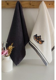Resim 2 Li Mutfak Havlusu %100 Pamuk - Midye Nakışlı - 40x60 Cm Antrasıt Antrasit 