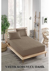 Resim Alez Takımı %100 Pamuklu Sessiz 3 Parça Kapitoneli Yastık Alezli Kahve Çif Kişilik 