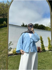 Resim SAMSA önü bağlamalı 2 bağcıklı kimono gömlek modern tesettür şık yeni sezon etek üstü kimono 