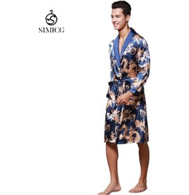Resim İpek Buz İpek Erkek Pijamaları Uzun Kollu Bornoz Dışarıda Giyilebilir Mavi 