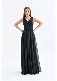 Resim Neşeli Butik Kadın Siyah V Yaka Simli Tül Abiye Elbise Nbs9223 Siyah 
